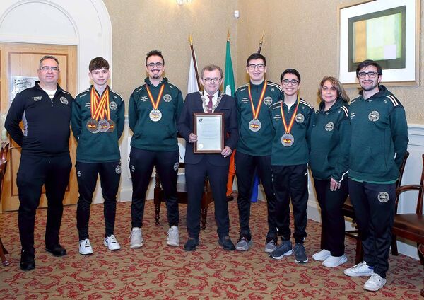 Mayor of Waterford City and County Council, Cllr Seamus Ryan pictured with the victorious Waterford athletes. Photo: Noel Browne