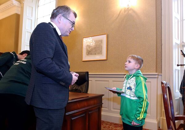 Young G Force Taekwon-Do member Daniel Mrozik chatting with the Mayor. Photo: Noel Browne