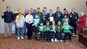 <p>Mayor of Waterford City &amp; County, Cllr. Seamus Ryan is pictured with team members, friends and families of G Force Taekwon-Do Club. Photo: Noel Browne</p>