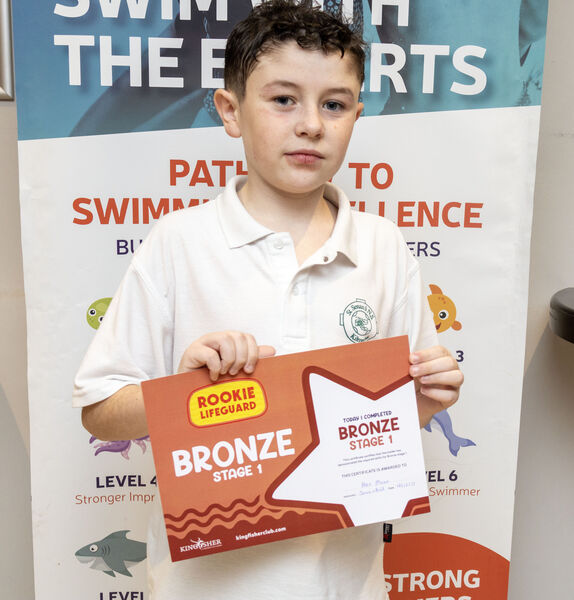  Alex who received his Rookie Lifeguard Bronze stage 1 swimming certificate at Kingfisher.