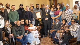 <p> Pictured at City Hall where Mayor of Waterford City &amp; County Cllr Seamus Ryan held a reception for Solomon Simon, in recognition of him being crowned Cage Warriors Featherweight World Champion in London in November 2025.</p>