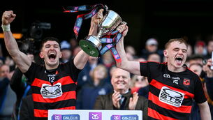 <p>Ballygunner joint captains Peter Hogan and Mikey Mahony lift the Tommy Moore Cup after All-Ireland Senior Club final win over Loughrea at Croke Park. Photo: INPHO/James Crombie</p>