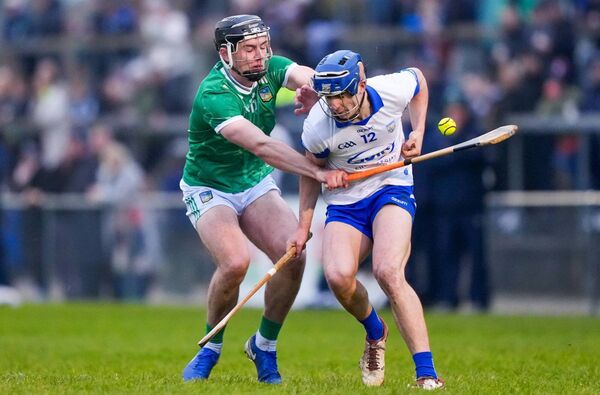 Waterford's Seamus Fitzgerald is dispossessed by Limerick's Aidan O'Connor.