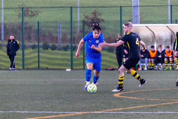 Waterford's Orion Cala takes on the Riverstown defence during their Munster Senior Cup tie at the SETU Arena. Photos: Waterford FC/Cian Kelly