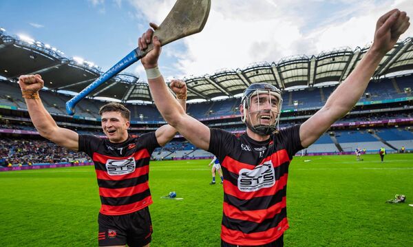 Ballygunner’s Tadhg Foley and Aaron O’Neill celebrate winning the Tommy Moore Cup at Croke Park. Photo: INPHO/Dan Clohessy
