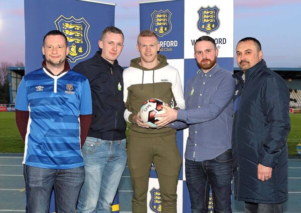 James McClean was a guest of Waterford FC for a game against Wexford FC back in March 2017 as is pictured with Conor Kearney, Luke Brennan, Alan Forristal and Barry Williams. Photo: Noel Browne
