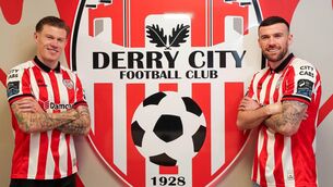<p>James McClean and his brother Patrick sign for their hometown club Derry City. Photo: INPHO/Lorcan Doherty</p>
