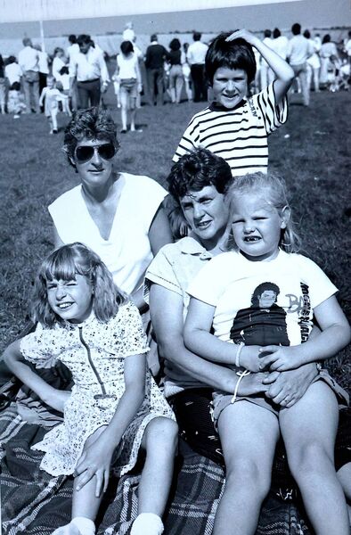 Theresa and Sarah Kelly, Emma halley, Ita and Jane Butler at thw 1988 Tramore Donkey Derby.
