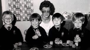 <p>David Buckley, Denis Power, Mrs Farrell, Gavin Dee and Patrick O'Hagan, on their first day at school in St. Declans back in 1989.</p>