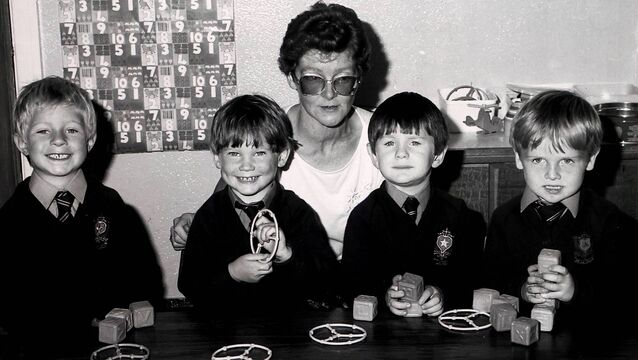 <p>David Buckley, Denis Power, Mrs Farrell, Gavin Dee and Patrick O'Hagan, on their first day at school in St. Declans back in 1989.</p>