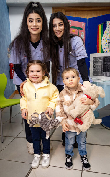 Amelia and Adam with twins, Nurses Hansd and Magsaa, at the Juniors for Juniors, Teddy Bear Hospital. Photo: Joe Evans Amelia and Adam with twins, Nurses Hansd and Magsaa, at the Juniors for Juniors, Teddy Bear Hospital. Photo: Joe Evans