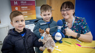 <p> Daithí and Fionn with Nurce Ciara, at the Juniors for Juniors, Teddy Bear Hospital. Photo: Joe Evans</p>