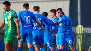 <p>Waterford FC players celebrate Conor Carty's goal against Kerry FC in their pre-season friendly played at workLAB Connors Park on Tuesday last. Photos: Waterford FC/Ken Sutton</p>