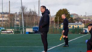 <p>Waterford FC Head Coach Jon Daly watches on during the game against Kerry. Photo: Double L Media</p>