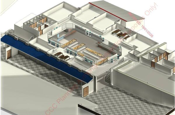 Concept art shows the proposed layout of a mezzanine looking down on the ground floor's food court. Concept art shows the proposed layout of a mezzanine looking down on the ground floor's food court.
