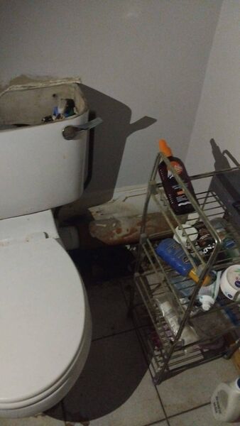 The bathroom is in a state of disrepair.