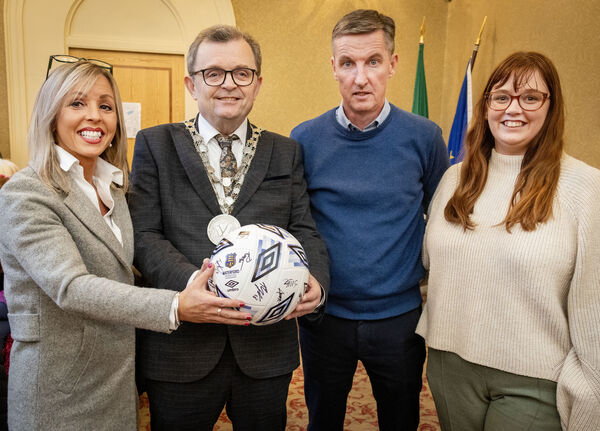 Pictured at City Hall for a Mayoral reception by Mayor of Waterford City & County Cllr. Seamus Ryan, for Waterford FC Down Syndrome Futsal Team, in recognition of their outstanding achievement in winning the League of Ireland Cairdeas Championship Cup where the Mayor was presented with the match ball by Sandra Myler, Colin Power and Amy Frisby. Pictured at City Hall for a Mayoral reception by Mayor of Waterford City & County Cllr. Seamus Ryan, for Waterford FC Down Syndrome Futsal Team, in recognition of their outstanding achievement in winning the League of Ireland Cairdeas Championship Cup where the Mayor was presented with the match ball by Sandra Myler, Colin Power and Amy Frisby.