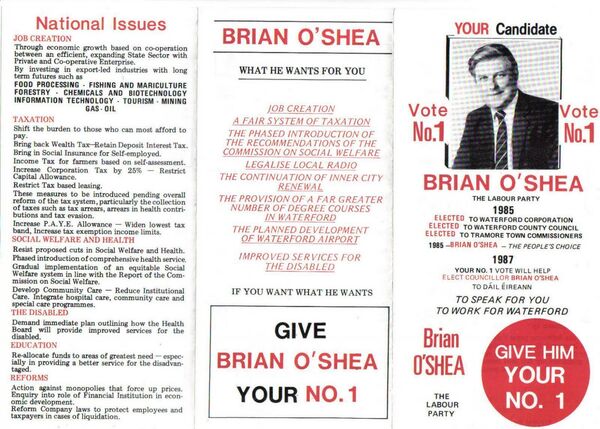 Brian O'Shea's Dáil election campaign material from 1987. Credit: Alan Kinsella/Irish Election Literature