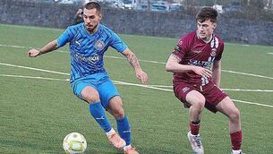 <p>Jordan Faria in possession for Waterford FC in their Munster Senior Cup victory over Cobh Ramblers.</p>