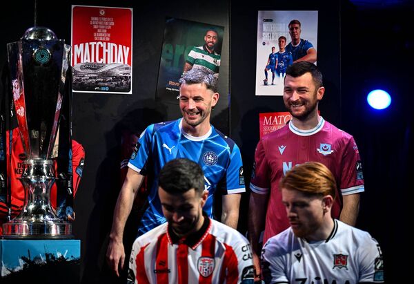 Waterford's Padraig Amond, and Galway's Jimmy Keohane of Galway during the SSE Airtricity Men's Premier Division Launch 2026 at Whelan's in Dublin.