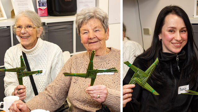 <p> Caroline and Nellie, (left), and Natalia, (right), at the St. Brigid's Cross workshop at Waterford Volunteer Centre. 	All Photos: Joe Evans</p>