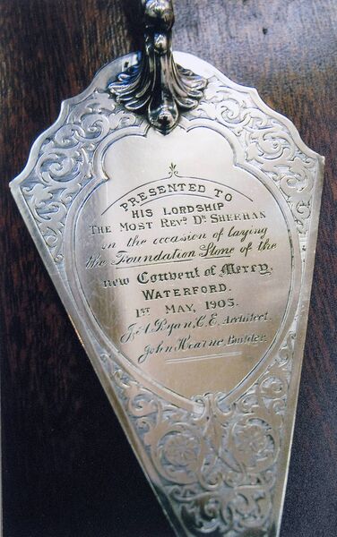 The Silver Trowel, that was presented to Bishop Sheehan by Architect J.A. Ryan, and Builder John Hearne at the laying of the Foundation Stone on the 1st of May 1905. 