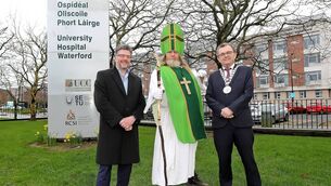 <p>Mayor of Waterford City and County, Cllr Seamus Ryan with Dr Morgan McMonagle, Grand Marshall of Waterford’s St Patrick’s Day Parade and St Patrick.</p>