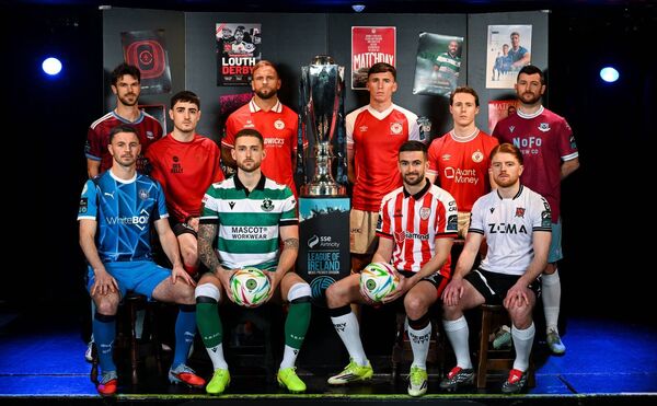 SSE Airtricity Men's Premier Division players, from left, Jimmy Keohane of Galway United, Padraig Amond of Waterford, Paddy Barrett of Shelbourne, Dawson Devoy of Bohemians, Lee Grace of Shamrock Rovers, Michael Duffy of Derry City, Will Fitzgerald of Sligo Rovers, Joe Redmond of St Patrick's Athletic, Aodh Dervin of Dundalk and Ryan Brennan of Drogheda United during the SSE Airtricity Men's Premier Division launch 2026 at Whelan's in Dublin. Photos: Sportsfile/Stephen McCarthy and Sam Barnes