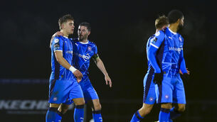 <p>Waterford's Tommy Lonergan celebrates with Padraig Amond after his goal against Shelbourne. Photo: INPHO/Ken Sutton</p>