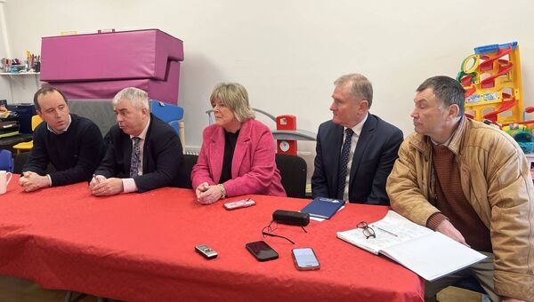 L-R: Minister John Cummins, Minister Kevin 'Boxer' Moran, Minister Mary Butler, Waterford Council Chief Executive Seán McKeown and Director of Services Gabriel Hynes heard from residents of Passage East on Sunday, February 8.