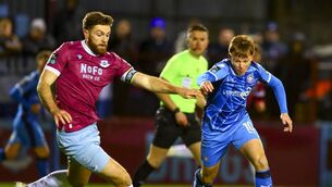 <p>Waterford's Conan Noonan takes on Drogheda's Conor Keeley during the SSE Airtricity Men's Premier Division at Sullivan &amp; Lambe Park. Photo: Ken Sutton</p>