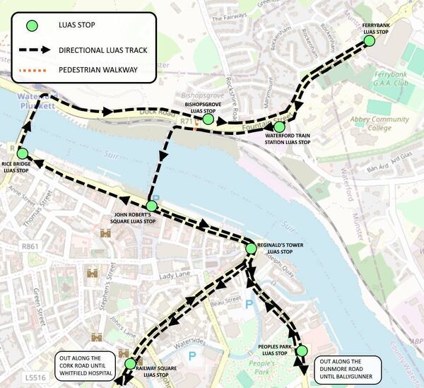 The proposed route of Killian Mangan's Waterford Luas idea.