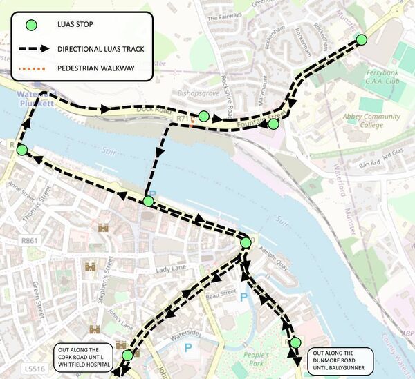 The proposed route of Killian Mangan's Waterford Luas idea.