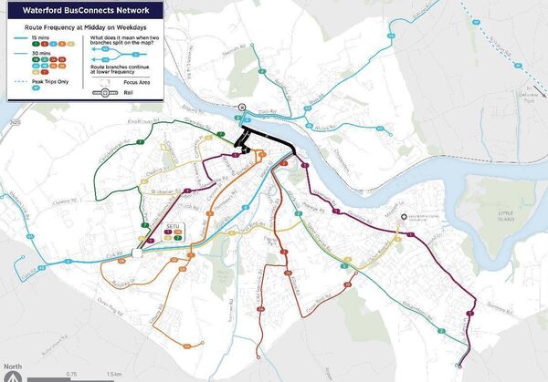 A draft plan of the new BusConnects network in Waterford city. A draft plan of the new BusConnects network in Waterford city.