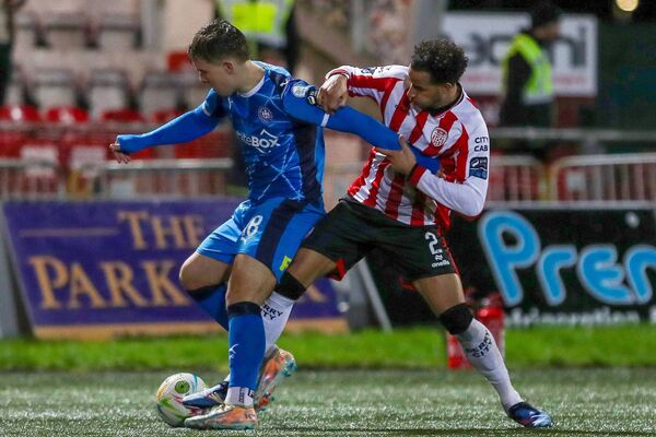 Waterford FC's Tommy Lonergan tries to hold off the challenge of Derry's Barry Cotter during their SSE Airtricity Men's Premier Division clash at the Ryan McBride Brandywell Stadium on Friday last. Photos: INPHO/Lorcan Doherty