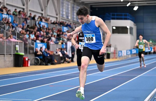 Eoin Kenny of Waterford AC ,dips to win his men's 400m heat during day one of the 123.ie National Senior Indoor Championships. Photo: Sportsfile/Ben McShane Eoin Kenny of Waterford AC ,dips to win his men's 400m heat during day one of the 123.ie National Senior Indoor Championships. Photo: Sportsfile/Ben McShane