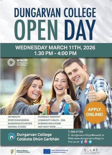 Dungarvan College open day will take place on March 11 Dungarvan College open day will take place on March 11