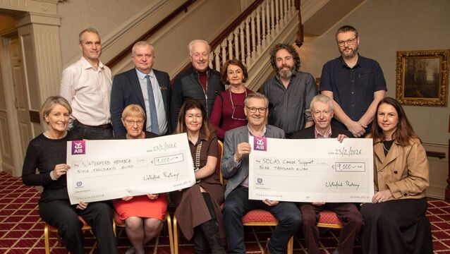 <p>Pictured at The Granville Hotel where Waterford Rotary presented cheques for €9,000 each to Waterford Hospice and Solas were Rotary President Aedín Hassett; Sheila Quinn, Hospice; Barbara Murphy, Chair, Waterford Hospice; Paddy McMahon and Myles O'Connor, Solas; Gwen Daniels, UPMC; Orm Kenny, Rotary; Michael Skehan, Manager, Granville Hotel; Noel Frisby and Stephanie Taheny, Waterford Shopping Centre, Lisduggan; Trevor Darmody, Winterval; and Finn Brophy, WC&amp;CC; Winterval. Photo: John Power</p>