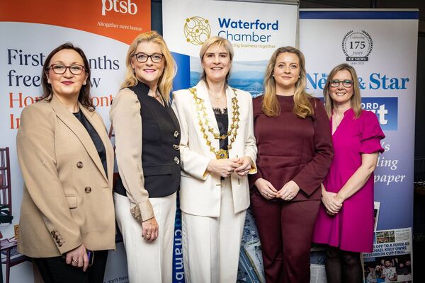 Guest speakers, Fiona McMahon, Chief Risk Officer, PTSB, MEP Cynthia Ní Mhurchú, Éadaoin Carrick, President Waterford Chamber, Moira Walsh, Offshore Wind Asset Development, ESB Wind, and Mary McEvoy, Regional Manager, IDA Ireland, at the International Women's Day networking breakfast at the Viking Hotel. Photo: Joe Evans