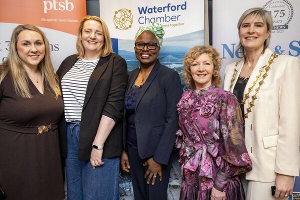 Suzanne Power, Claire Mooney, Michelle Hanson, Victoria Wilmott and Éadaoin Carrick, President Waterford Chamber, at the International Women's Day networking breakfast at the Viking Hotel. Photo: Joe Evans