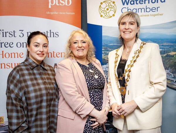 Natakia Shpak, Joanne Geoghegan and Éadaoin Carrick, President Waterford Chamber, at the International Women's Day networking breakfast at the Viking Hotel. Photo: Joe Evans