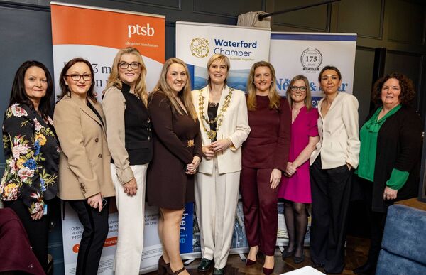 Éadaoin Carrick, President Waterford Chamber, with panel members and guests, who attended the International Women's Day networking breakfast at the Viking Hotel. Photo: Joe Evans