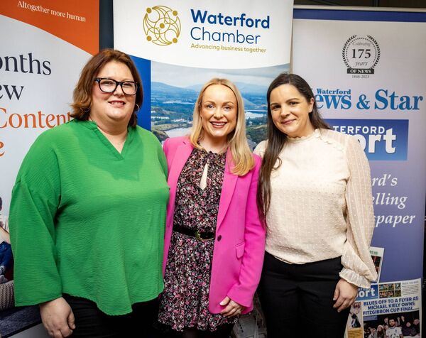 Linda Lawton and Rebecca Skedd, Waterford Chamber, and Louise Prendergast, Viking Hotel, who attended the International Women's Day networking breakfast at the Viking Hotel. Photo: Joe Evans