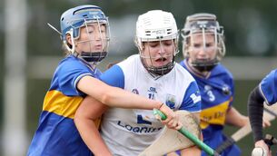 <p>Waterford's Ali Ferguson is challenged during the Munster Under 23 Camogie Championship semi-final. </p>