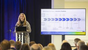 <p>Tonn Nua project manager Moira Walsh speaking at the launch, at the Port of Waterford, of an economic report studying the potential impact of windfarms off the Waterford coast.	Photo: Patrick Browne</p>