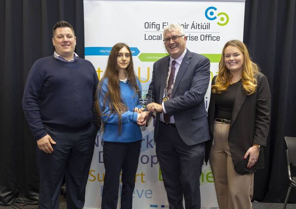 Pictured is Junior winner Sara Malaj of Sweeteners, Mercy Secondary School with Gareth Evans and Tamara Sheehan of Waterford LEO with Deputy Mayor of Waterford Cllr. John Pratt. Photograph: Patrick Browne 
