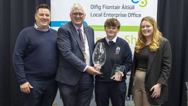<p>Pictured is Senior winner Lilly Magee of Teenage Dirtbag, Abbey Community College with Gareth Evans and Tamara Sheehan of Waterford LEO with Deputy Mayor of Waterford Cllr. John Pratt. Photograph: Patrick Browne </p>