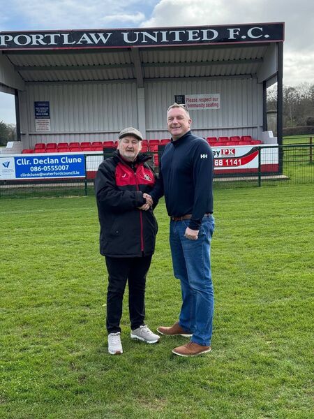 John 'Corky' Corcoran, Chairperson of Portlaw Utd FC, is the St Patrick's Day Grand Marshall pictured with Cllr Declan Clune.