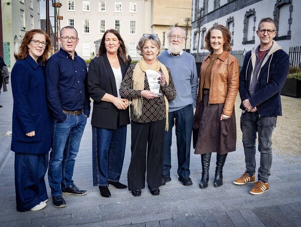 Blánaid MacCann, who received the Waterford News &amp; Star Green Room 2026 Lifetime Achievement Award, pictured with members of her family. Photo: Joe Evans