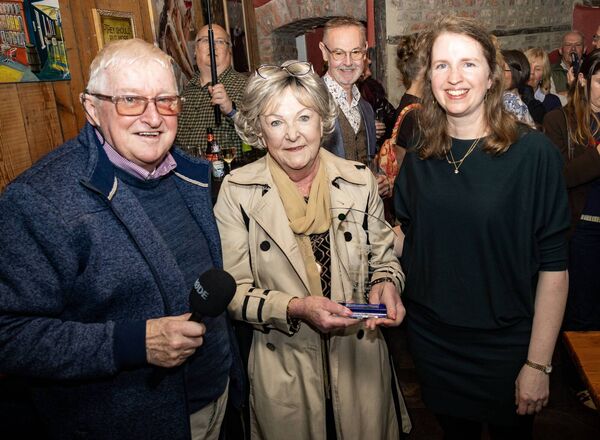 Pictured at Adega Wine Bar for a surprise gathering for Blánaid MacCann, who received the Waterford News &amp; Star Green Room 2026 Lifetime Achievement Award, from Pat McEvoy, Arts Correspondent and Mary Frances Ryan, Editor. 	Photo: Joe Evans